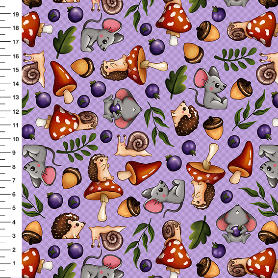 Sintético Doll Cogumelos e Ratinhos Fundo Lilás - Meia Tigela 50cm x 1,36mt