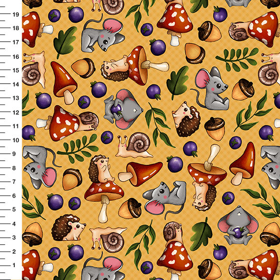Sintético Doll Cogumelos e Ratinhos Fundo Mostarda - Meia Tigela 50cm x 1,36mt