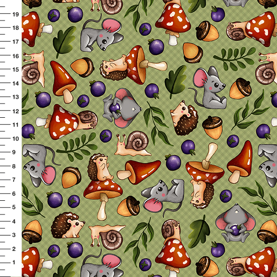 Sintético Doll Cogumelos e Ratinhos Fundo Verde - Meia Tigela 50cm x 1,36mt