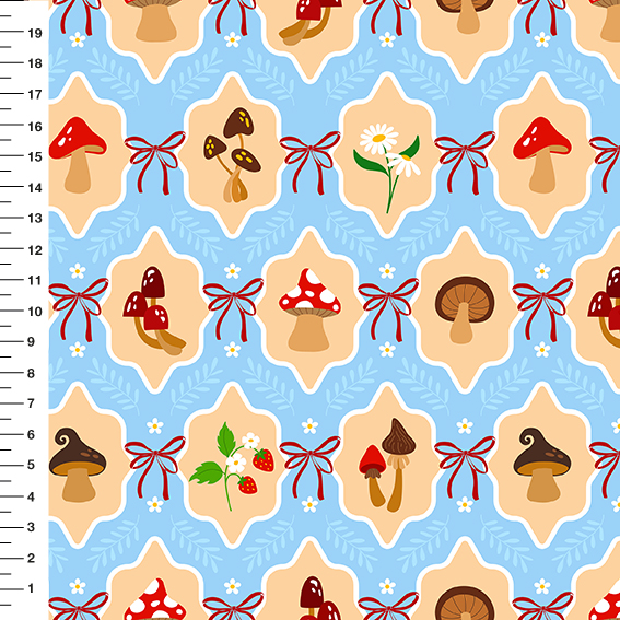 Sintético Doll Cogumelos Laço Fundo Azul Claro - Meia Tigela 50cm x 1,36mt