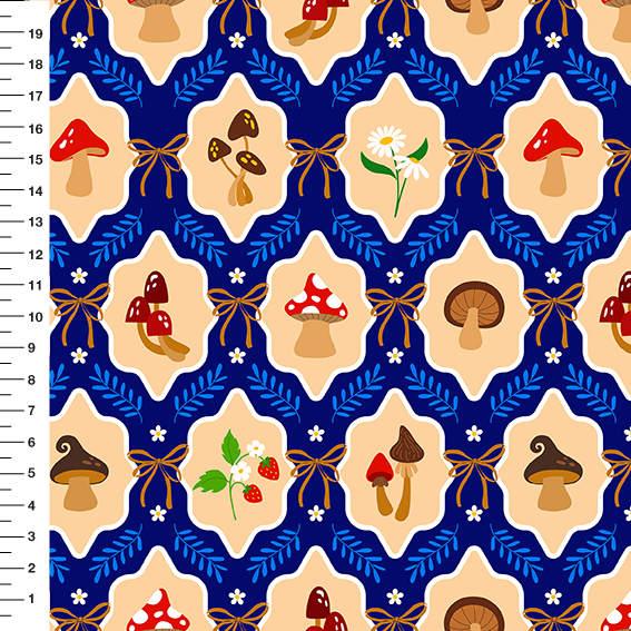 Sintético Doll Cogumelos Laço Fundo Azul Marinho - Meia Tigela 50cm x 1,36mt
