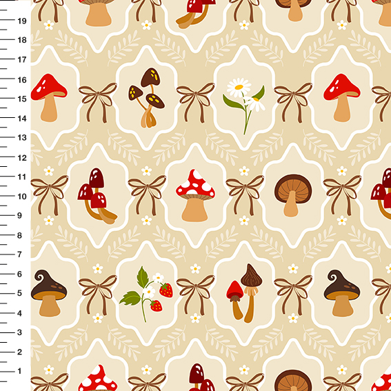 Sintético Doll Cogumelos Laço Fundo Bege - Meia Tigela 50cm x 1,36mt