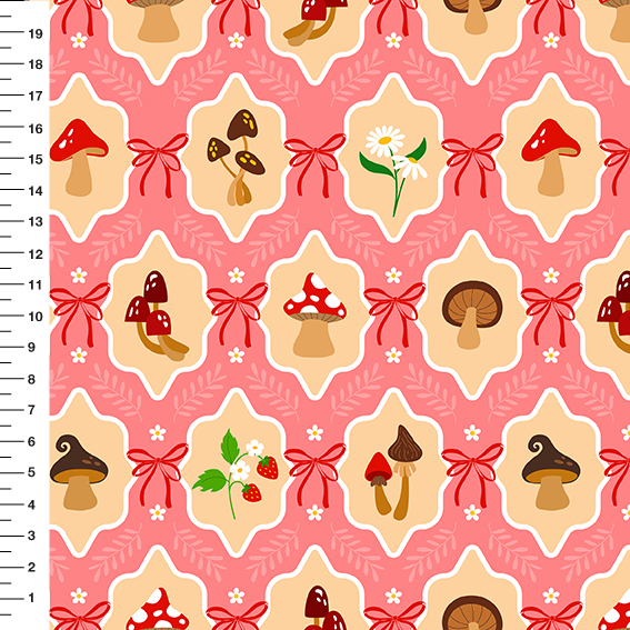 Sintético Doll Cogumelos Laço Fundo Coral - Meia Tigela 50cm x 1,36mt