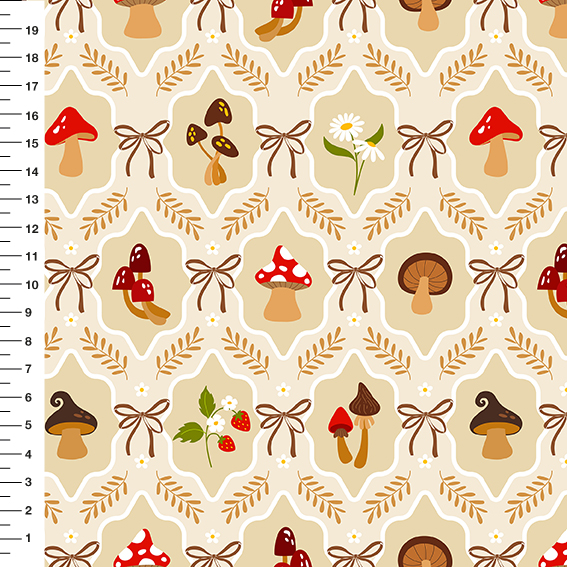 Sintético Doll Cogumelos Laço Fundo Creme - Meia Tigela 50cm x 1,36mt
