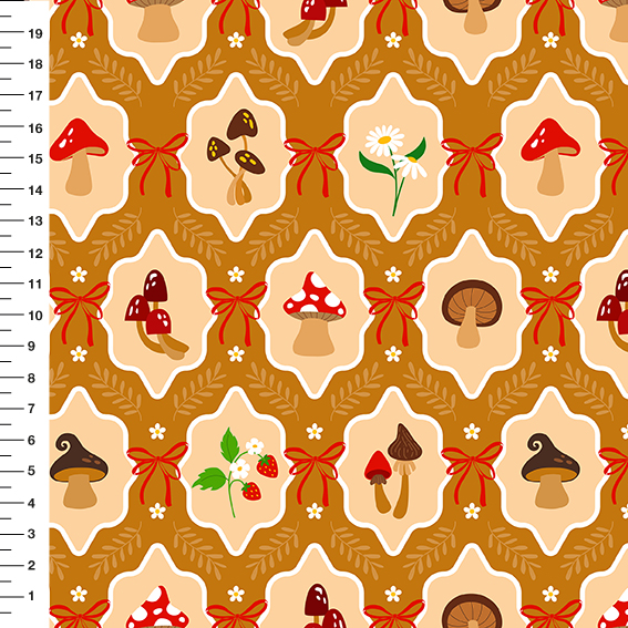 Sintético Doll Cogumelos Laço Fundo Mostarda - Meia Tigela 50cm x 1,36mt