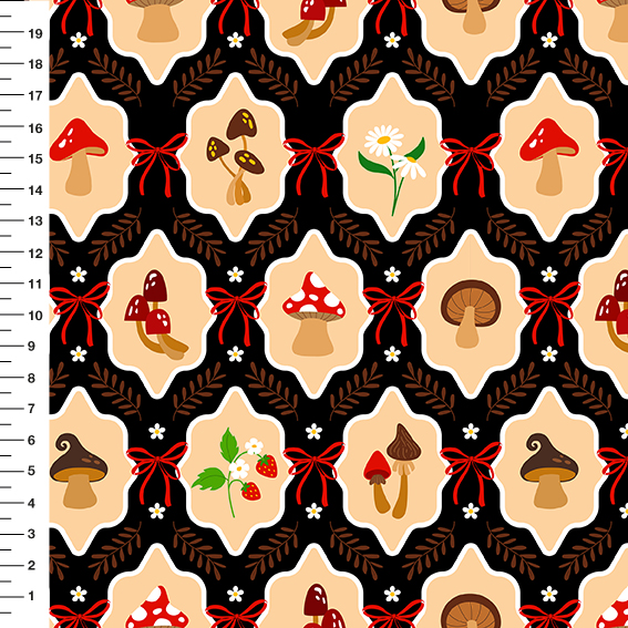 Sintético Doll Cogumelos Laço Fundo Preto - Meia Tigela 50cm x 1,36mt