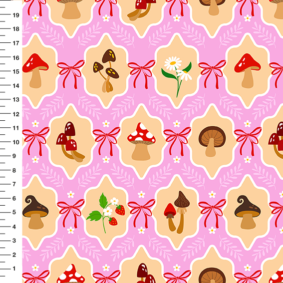 Sintético Doll Cogumelos Laço Fundo Rosa - Meia Tigela 50cm x 1,36mt