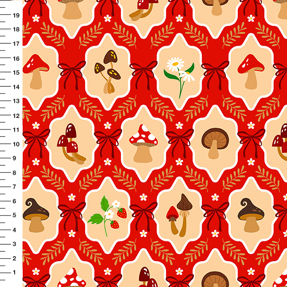 Sintético Doll Cogumelos Laço Fundo Vermelho - Meia Tigela 50cm x 1,36mt