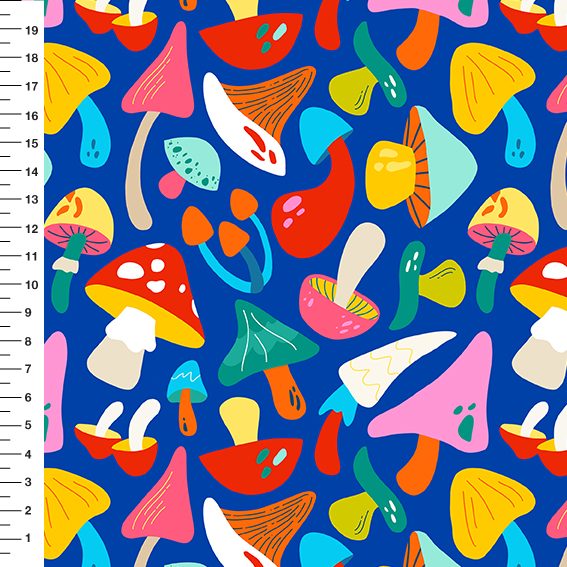 Sintético Doll Cogumelos Pop Fundo Azul - Meia Tigela 50cm x 1,36mt