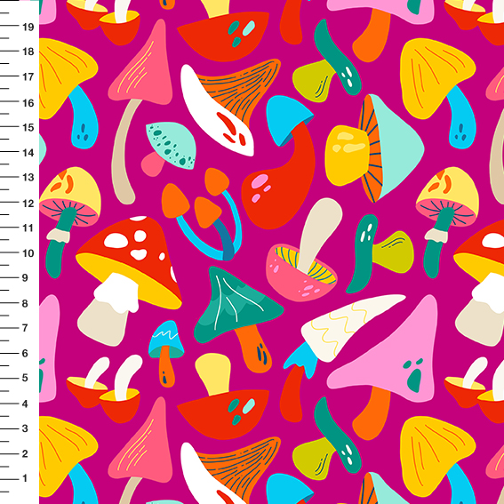 Sintético Doll Cogumelos Pop Fundo Magenta - Meia Tigela 50cm x 1,36mt
