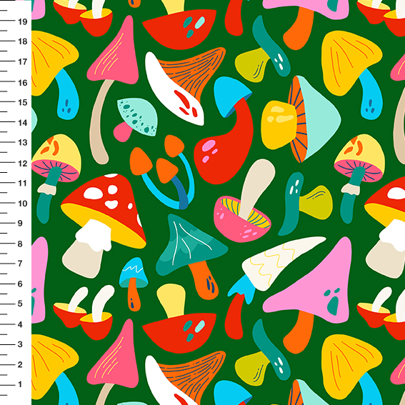 Sintético Doll Cogumelos Pop Fundo Verde - Meia Tigela 50cm x 1,36mt