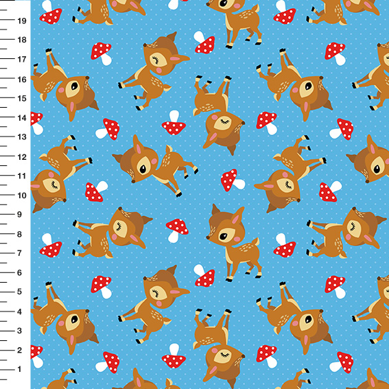 Sintético Doll Corça Cogumelos Poá Fundo Azul - Meia Tigela 50cm x 1,36mt