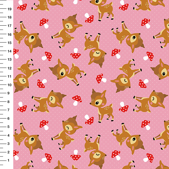 Sintético Doll Corça Cogumelos Poá Fundo Rosa - Meia Tigela 50cm x 1,36mt