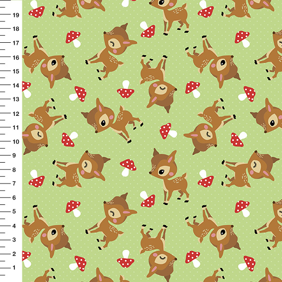 Sintético Doll Corça Cogumelos Poá Fundo Verde - Meia Tigela 50cm x 1,36mt