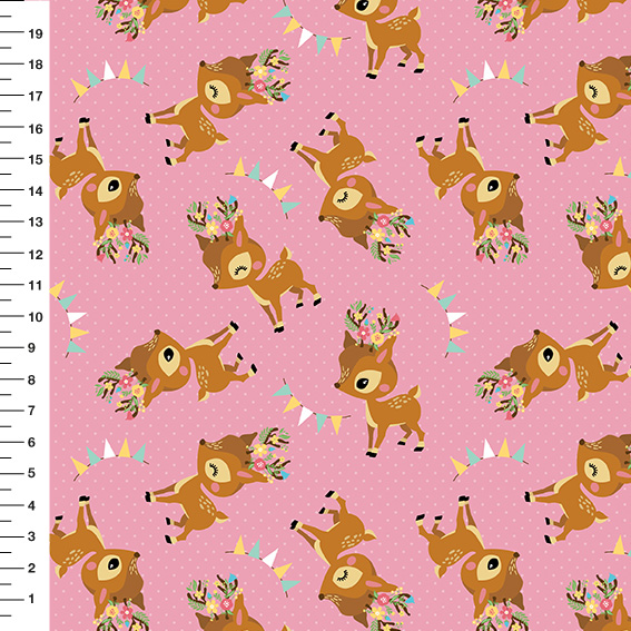 Sintético Doll Corça Flores Bandeirinhas Poá Fundo Rosa - Meia Tigela 50cm x 1,36mt