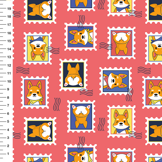 Sintético Doll Corgi Selos Fundo Coral - Meia Tigela 50cm x 1,36mt