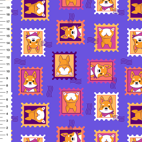 Sintético Doll Corgi Selos Fundo Roxo - Meia Tigela 50cm x 1,36mt