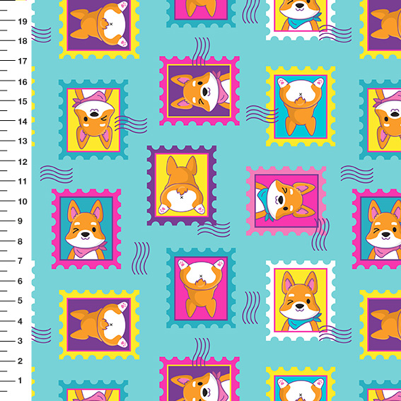Sintético Doll Corgi Selos Fundo Verde Água - Meia Tigela 50cm x 1,36mt