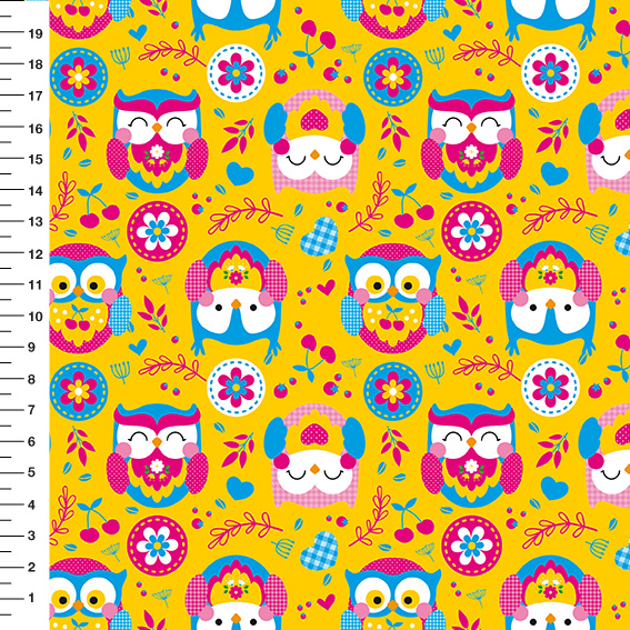 Sintético Doll Corujas Folk Fundo Amarelo - Meia Tigela 50cm x 1,36mt