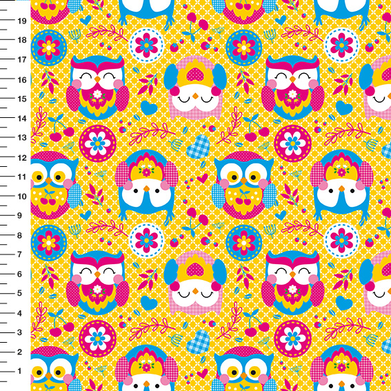 Sintético Doll Corujas Folk Fundo Amarelo Renda - Meia Tigela 50cm x 1,36mt