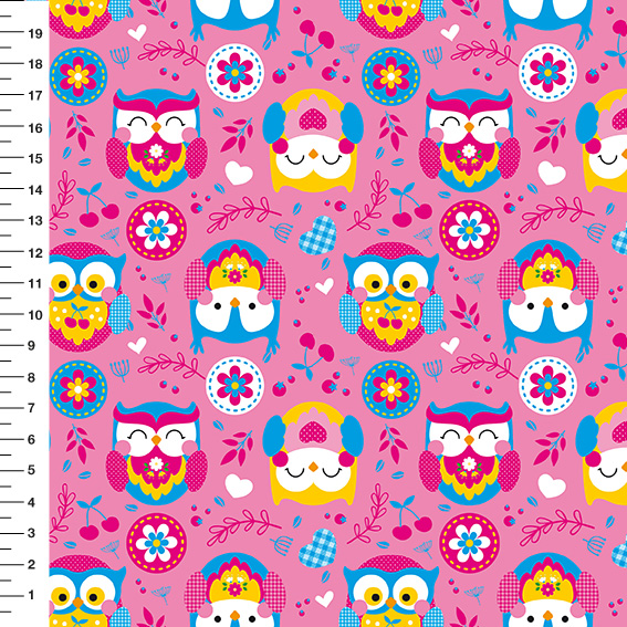 Sintético Doll Corujas Folk Fundo Rosa - Meia Tigela 50cm x 1,36mt