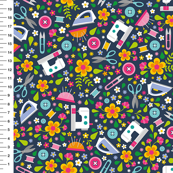 Sintético Doll Costura e Flores Fundo Azul Marinho - Meia Tigela 50cm x 1,36mt