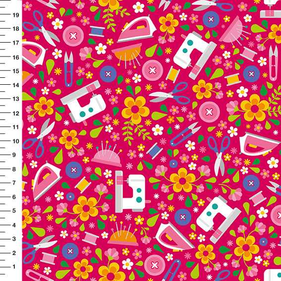 Sintético Doll Costura e Flores Fundo Pink - Meia Tigela 50cm x 1,36mt
