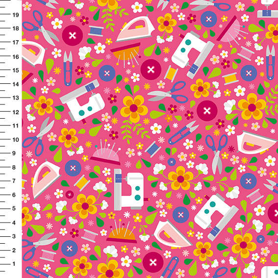 Sintético Doll Costura e Flores Fundo Rosa - Meia Tigela 50cm x 1,36mt
