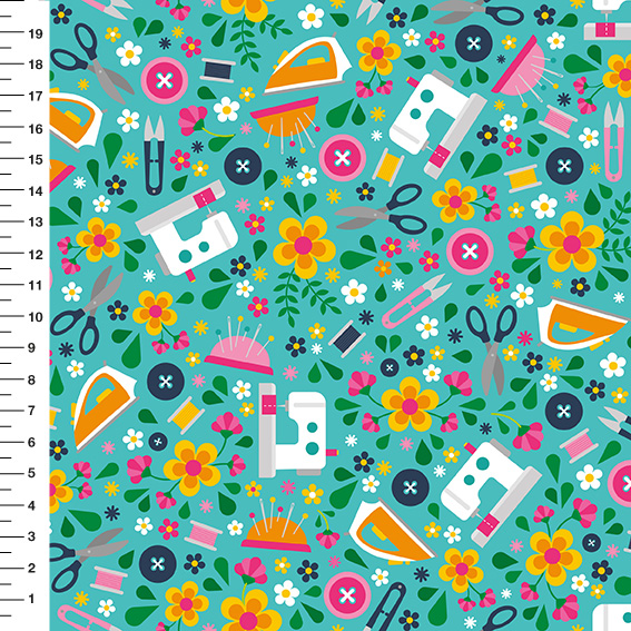 Sintético Doll Costura e Flores Fundo Verde Água - Meia Tigela 50cm x 1,36mt