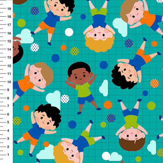 Sintético Doll Crianças Brincando Fundo Verde Petróleo - Meia Tigela 50cm x 1,36mt