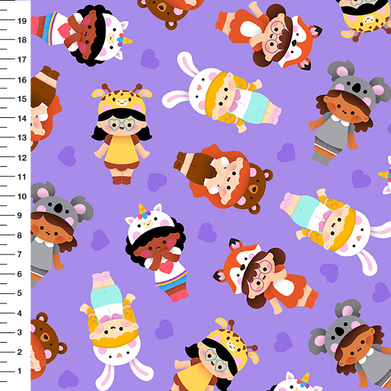Sintético Doll Crianças Fantasiadas Fundo Lilás - Meia Tigela 50cm x 1,36mt