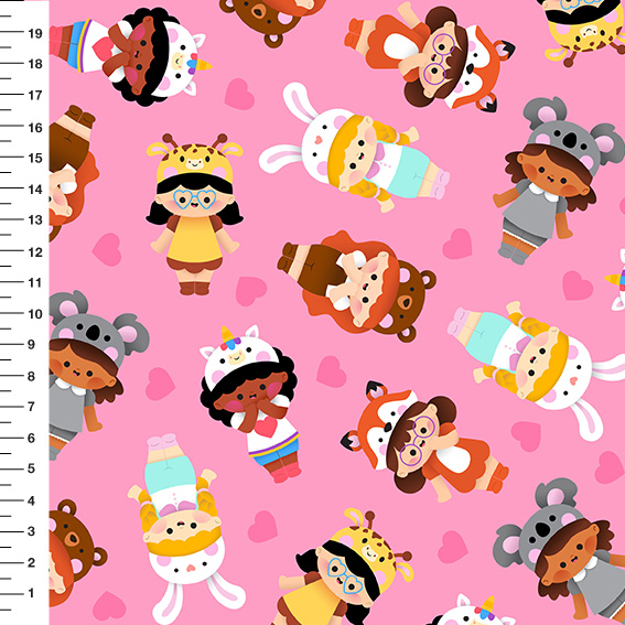 Sintético Doll Crianças Fantasiadas Fundo Rosa - Meia Tigela 50cm x 1,36mt
