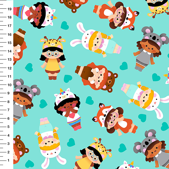 Sintético Doll Crianças Fantasiadas Fundo Verde Água - Meia Tigela 50cm x 1,36mt