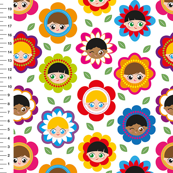 Sintético Doll Crianças Flores Fundo Branco - Meia Tigela 50cm x 1,36mt