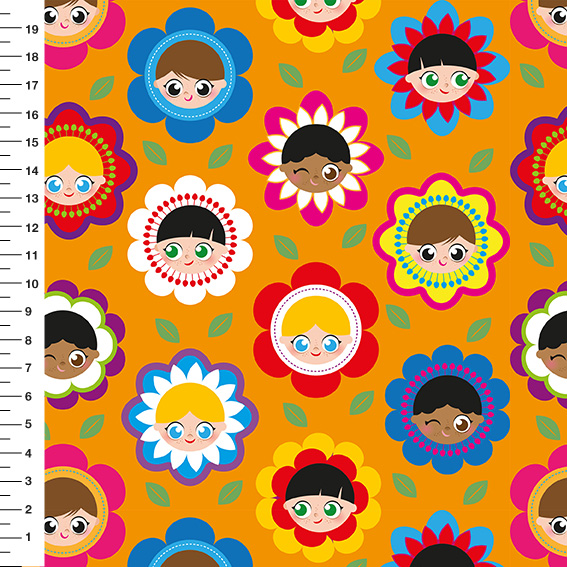 Sintético Doll Crianças Flores Fundo Laranja - Meia Tigela 50cm x 1,36mt
