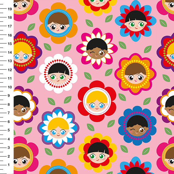 Sintético Doll Crianças Flores Fundo Rosa - Meia Tigela 50cm x 1,36mt
