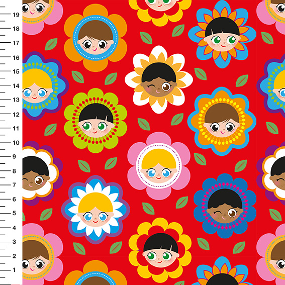 Sintético Doll Crianças Flores Fundo Vermelho - Meia Tigela 50cm x 1,36mt