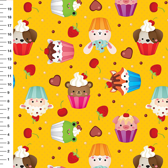 Sintético Doll Cupcakes Bichinhos Fundo Amarelo - Meia Tigela 50cm x 1,36mt