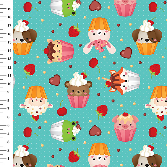 Sintético Doll Cupcakes Bichinhos Fundo Verde Água - Meia Tigela 50cm x 1,36mt