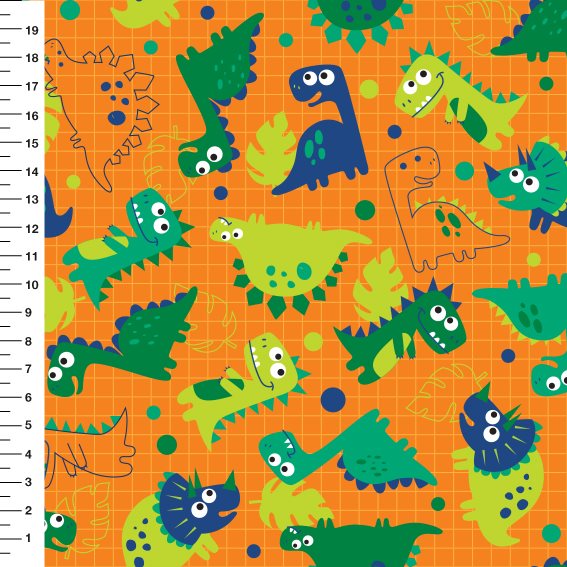 Sintético Doll Dinossauro Fundo Laranja - Meia Tigela 50cm x 1,36mt
