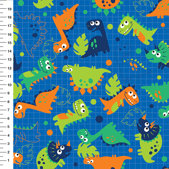 Sintético Doll Dinossauros Quadriculado Fundo Azul - Meia Tigela 50cm x 1,36mt