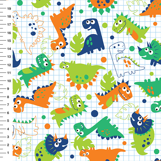 Sintético Doll Dinossauros Quadriculado Fundo Branco - Meia Tigela 50cm x 1,36mt