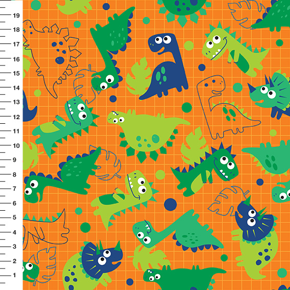 Sintético Doll Dinossauros Quadriculado Fundo Laranja - Meia Tigela 50cm x 1,36mt