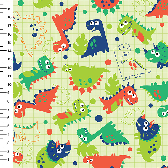 Sintético Doll Dinossauros Quadriculado Fundo Verde Claro - Meia Tigela 50cm x 1,36mt