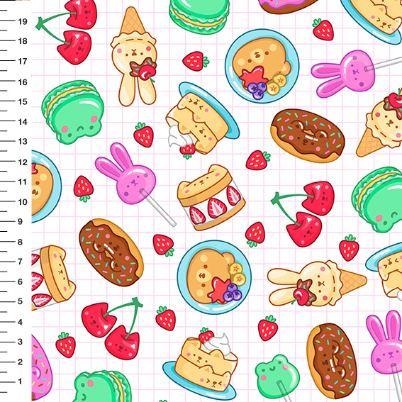Sintético Doll Doces Kawaii Fundo Branco - Meia Tigela 50cm x 1,36mt