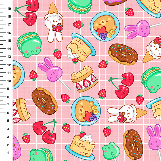 Sintético Doll Doces Kawaii Fundo Rosa - Meia Tigela 50cm x 1,36mt