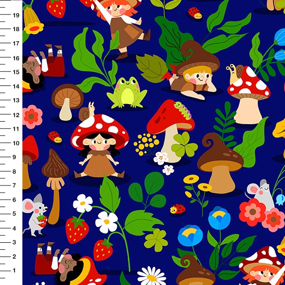 Sintético Doll Duendes dos Cogumelos Fundo Azul Marinho - Meia Tigela 50cm x 1,36mt