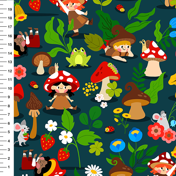Sintético Doll Duendes dos Cogumelos Fundo Petróleo - Meia Tigela 50cm x 1,36mt