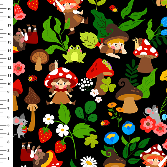 Sintético Doll Duendes dos Cogumelos Fundo Preto - Meia Tigela 50cm x 1,36mt