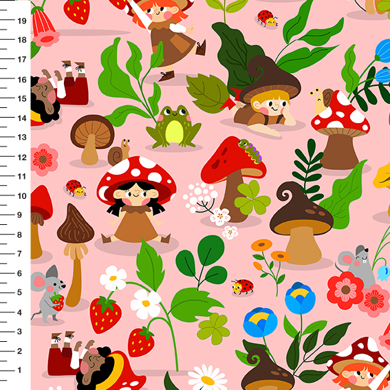 Sintético Doll Duendes dos Cogumelos Fundo Rosa - Meia Tigela 50cm x 1,36mt